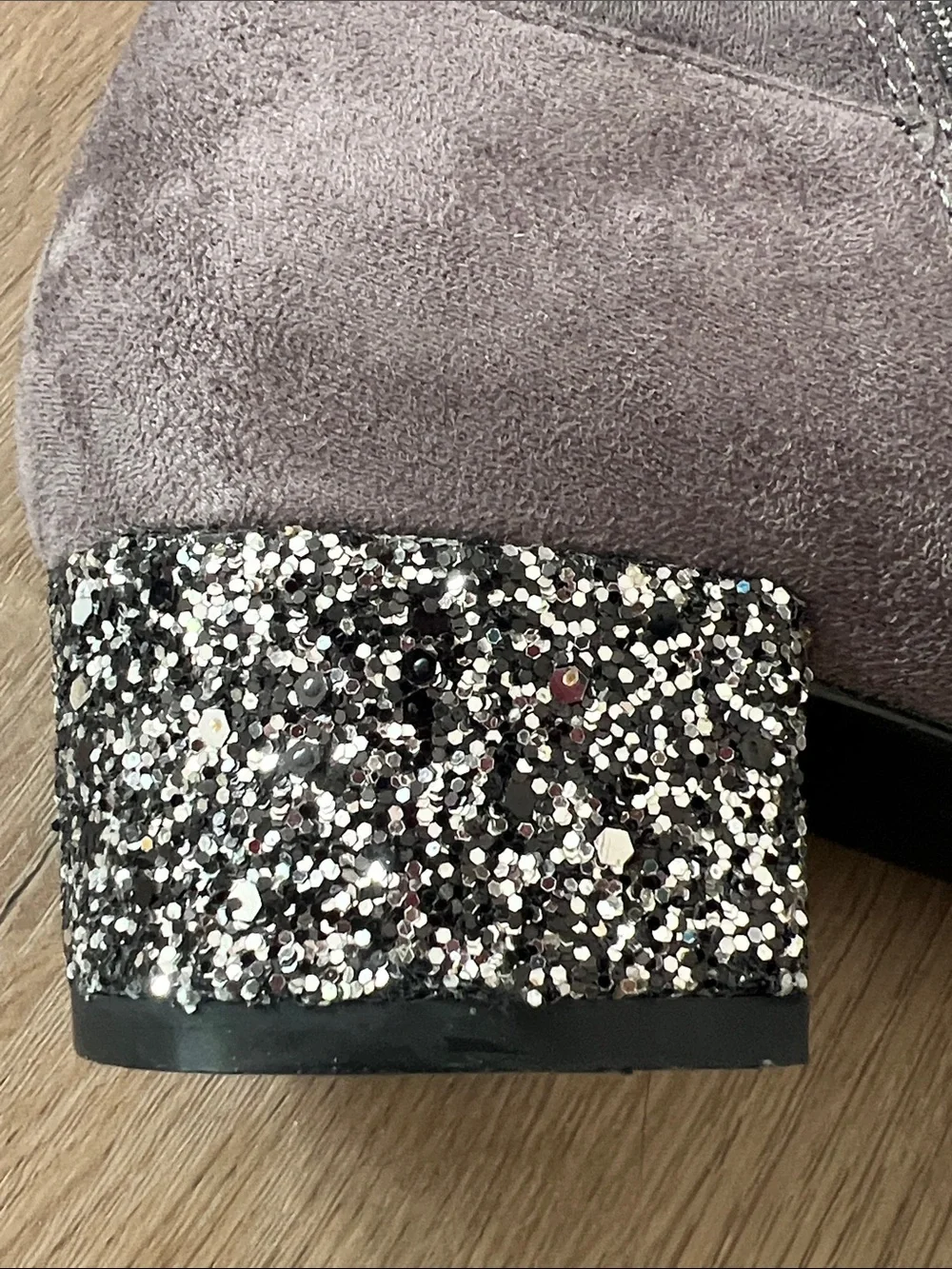 Catherine Malandrino Gray Suede Over-the-Knee Boots with Glitter Block Heel